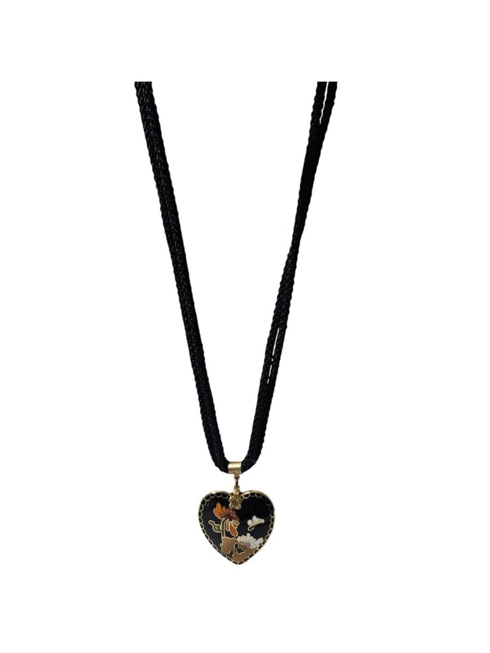 Chinoiserie Hand Painted Heart Pendant Necklace Enamel Reversible Asian Design
